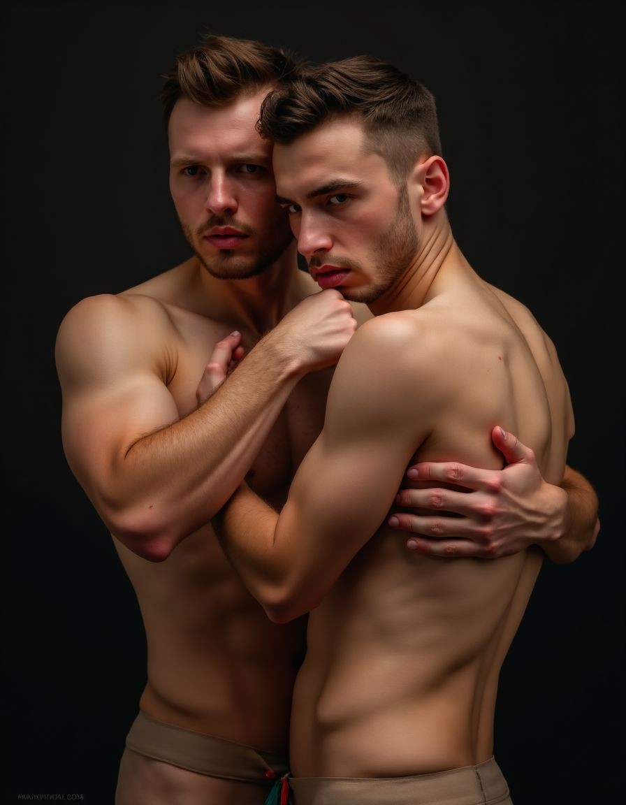 Dos hombres sin camiseta posan abrazados con una actitud íntima y seria sobre un fondo negro de estudio, iluminados con luz suave que resalta la musculatura del torso, los hombros y los brazos. El hombre de la izquierda, con barba corta y pelo castaño peinado hacia arriba, mira directamente al frente mientras rodea con un brazo al otro y mantiene una mano cerca de su pecho. El hombre de la derecha, de perfil parcial, con corte degradado y expresión intensa, apoya el cuerpo contra él mientras su espalda desnuda y su cintura quedan visibles sobre unos pantalones bajos de tono beige. La composición transmite cercanía, tensión emocional, sensualidad masculina y estética de retrato artístico.