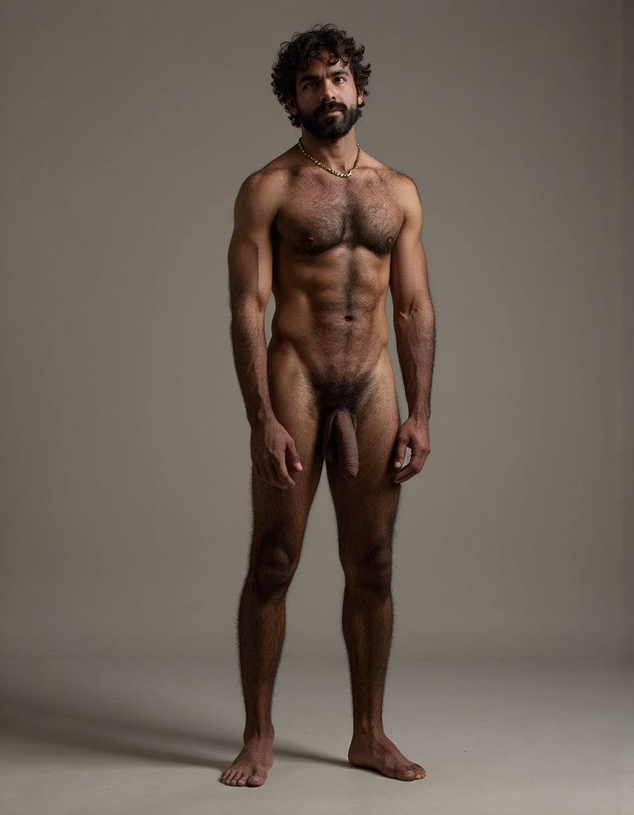 PEDRO de cuerpo entero 8K de hombre mediterráneo muy masculino y muy delgado pero con músculos marcados y definidos y está de pie, textura de piel natural híper realista, cara geométrica brutal con mandíbula cuadrada pesada, pómulos altos anchos, barbilla prominente con hoyuelo, ojos oscuros marrones profundos hundidos con cejas gruesas densas, nariz grande puente ancho recto forma griega, bigote morsa negro denso espeso cayendo en extremos cubriendo labio superior completamente, pelo negro rizado voluminoso desordenado, cuello grueso de toro con nuez prominente, pecho ancho cubierto vello negro rizado denso, pectorales voluminosos definidos con surco central profundo, cadena dorada colgando en surco pectoral, pezones oscuros marrón rojizo areolas anchas, abdominales six-pack marcados, vello corporal abundante formando trail oscuro vertical desde pecho hasta entrepierna, brazos musculosos gruesos con venas marcadas deltoides prominentes bíceps grandes tríceps herradura cubiertos vello negro, manos grandes dedos gruesos nudillos prominentes pelo dorso manos, piernas musculosas cuádriceps voluminosos muslos gruesos cubiertos vello negro denso rodillas huesudas pantorrillas gemelos forma diamante, pies grandes anchos pelo empeine, polla erecta treinta centímetros gruesa ocho centímetros diámetro color marrón oscuro curvada arriba venas dorsales marcadas prepucio largo glande ancho rojizo apuntando hacia arriba, huevos grandes colgando bajos escroto oscuro arrugado tamaño huevos gallina XL, piel aceitunada bronceada mediterránea, iluminación natural realista, fotorrealista, híper detallado, desnudo completo. Los pies están desnudos. Polla erecta dura hacia arriba. Las pantorrillas están a la vista y son muy peludas.
