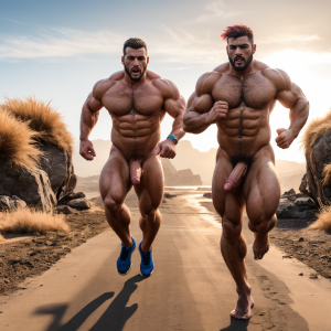 Hombre totalmente desnudo musculoso con pene grande, está corriendo junto a otro hombre totalmente desnudo con pene grande tieso y testículos grandes peludos.