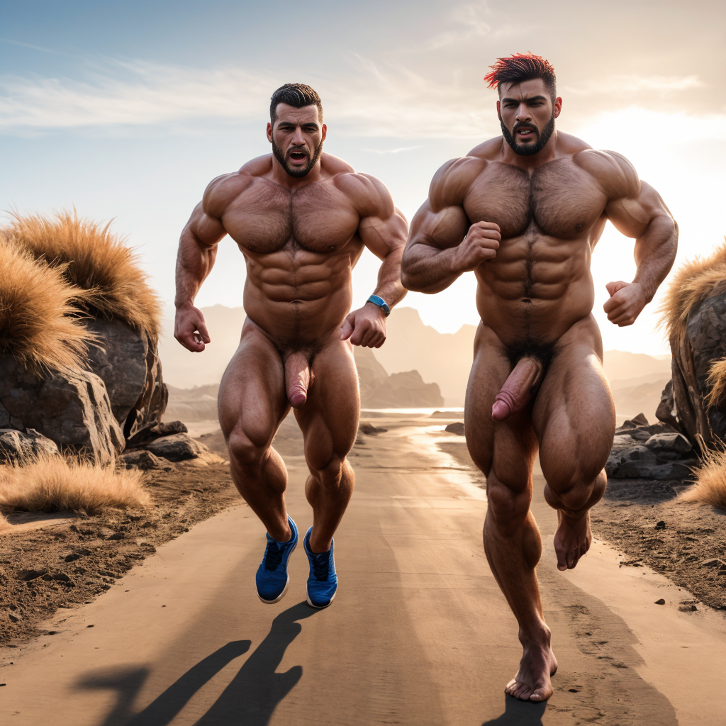 Hombre totalmente desnudo musculoso con pene grande, está corriendo junto a otro hombre totalmente desnudo con pene grande tieso y testículos grandes peludos.