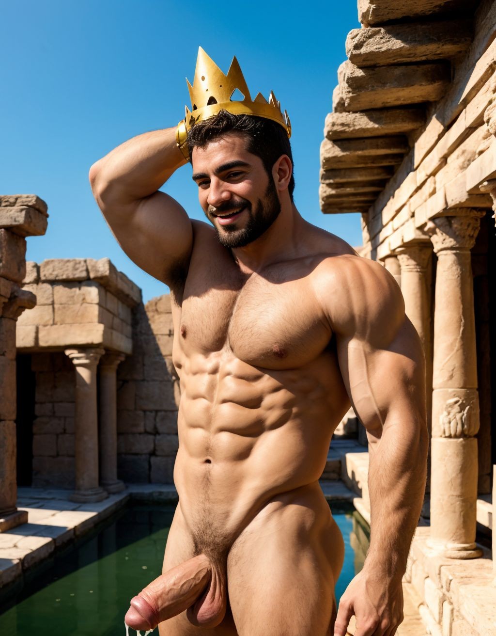 Hombre griego del siglo 1 entre casas antiguas. Está desnudo. Está contento. Tiene una corona de oro con diamantes en la cabeza. Tiene un pene grande y está eyaculando semen liquido blanco, chorreando. Tiene dos testículos gordos y peludos colgando entre las piernas. Está de espalda.