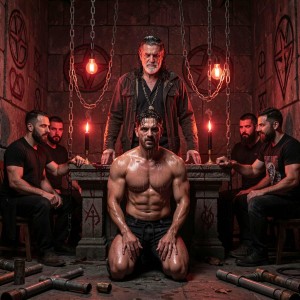 A 25-year-old muscular submissive gay man with sweaty glistening skin and an intense humiliating expression kneels naked in a dark ritualistic dungeon adorned with satanic symbols on stone walls, heavy chains hanging from the ceiling, and meth pipes scattered across the floor. He submits only to his 45-year-old dominant Satan-worshipping master standing above him while dominating several other men around the altar. Dim crimson light from flickering black candles and a single red bulb casts dramatic shadows over his chiseled body, highlighting every drop of sweat in a hyper-realistic extreme fetish style.