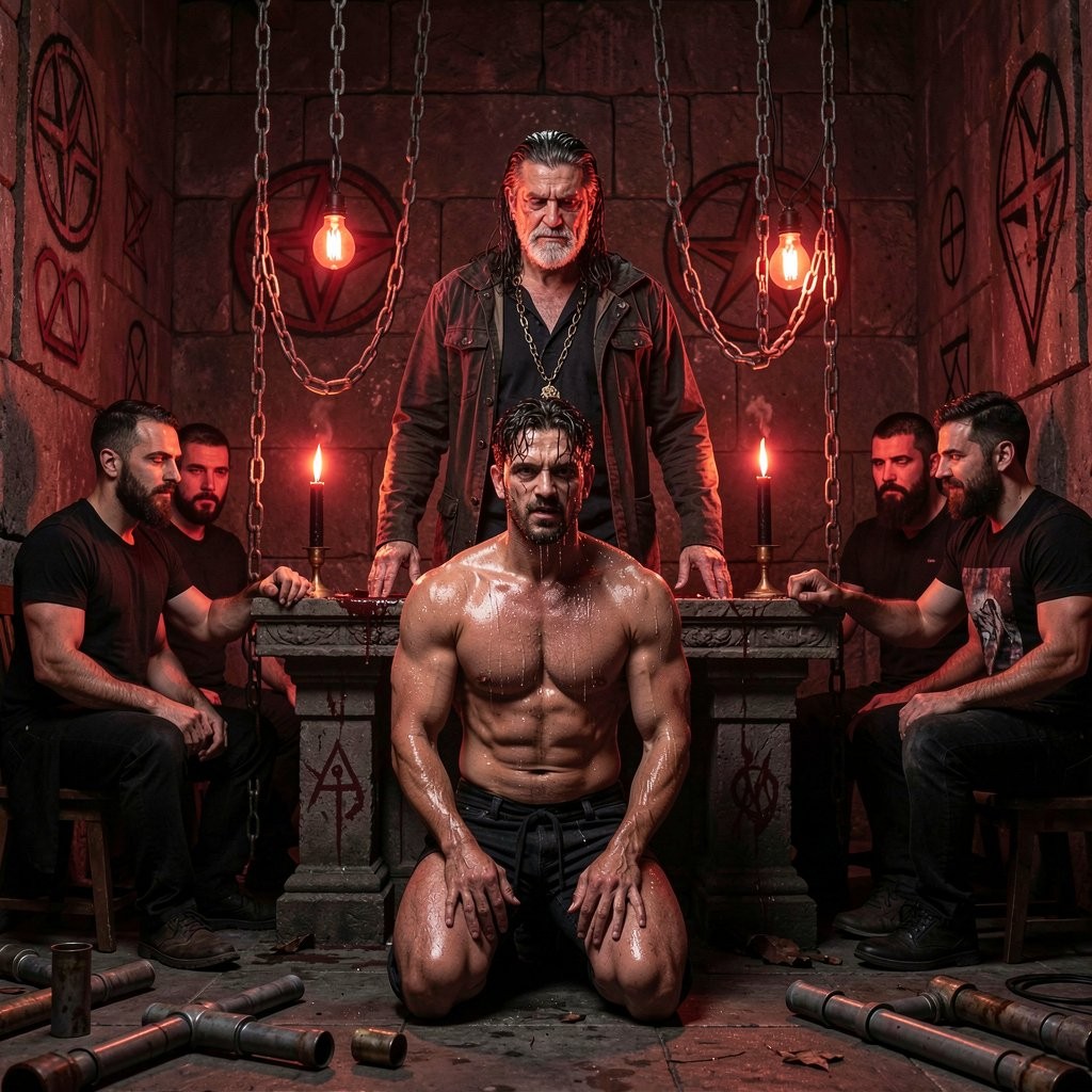 Un hombre musculoso arrodillado en el centro, con el torso desnudo, sudor en la piel y expresión seria, ocupa una sala oscura de estética ritual y mazmorra, iluminada por velas rojas y bombillas colgantes. Detrás de él se alza un hombre mayor con barba gris, vestido de negro y con cadenas sobre el pecho, en actitud dominante junto a un altar de piedra. A ambos lados aparecen varios hombres barbudos vestidos de negro, sentados o apoyados, observando la escena con solemnidad. Las paredes de piedra están marcadas con símbolos ocultistas y pentagramas, mientras cadenas suspendidas, tubos metálicos en el suelo y la luz rojiza refuerzan una atmósfera intensa, ceremonial, clandestina y siniestra.