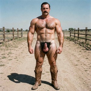 Hombre musculoso y desnudo de pie en un camino de tierra, con postura frontal y firme, mirando directamente a la cámara bajo un cielo despejado. Tiene bigote oscuro, pelo peinado hacia atrás, pecho y torso muy velludos, brazos y piernas marcadamente definidos, y el pene visible entre el vello púbico. Solo lleva unas botas camperas de cuero, reforzando una estética rural y vaquera. A ambos lados del sendero aparecen vallas de madera que se pierden hacia el fondo, con terreno seco, polvo, hierba escasa y una luz solar intensa que proyecta una sombra marcada sobre el suelo.