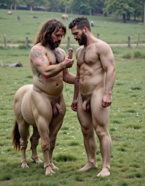 Centauro y Fauno. 

Centauro masculino totalmente desnudo, mostrando su polla con forma de polla de caballo erecta gigante y huevos de caballo gordos colgando de la base de su polla de caballo, cuerpo de centauro sin distorsiones y sin deformaciones. Su cabeza es la de un hombre muy masculino y viril, con torso muy peludo y musculado, y brazos muy peludos y musculosos. Su pelo largo está despeinado y movido por el aire.

Fauno masculino totalmente desnudo es un hombre con el torso de hombre muy viril y los brazos de hombre muy viril rebosando testosterona, está totalmente desnudo, tiene polla de 30 cm de longitud y 8 cm de diámetro (no distorsión ni deformaciones), tiene huevos de 6 cm de diámetro colgando de la base de su polla. Su cabeza es la de un hombre muy masculino y viril con cara cuadrada y con abundante barba. Tiene torso muy peludo y musculado, y brazos muy peludos y musculosos. Su pelo es rizado y está despeinado movido por el aire.

Fauno está con el Centauro. El Fauno muestra una postura muy masculina viril y musculada, con su cuerpo bien definido y su pelo erizado por la emoción del momento. La escena es de una intensidad sexual explícita, con ambos personajes inmersos en el acto sexual, rodeados de la naturaleza verde y vibrante del prado. La imagen es híper realista, con detalles de alta calidad que resaltan la musculatura, el vello y la textura de la piel de ambos personajes, así como el entorno natural que los rodea. Tienen sus pies desnudos. Se ven las pantorrillas muy peludas. Se ven las pantorrillas muy peludas. Sus pollas están erectas.