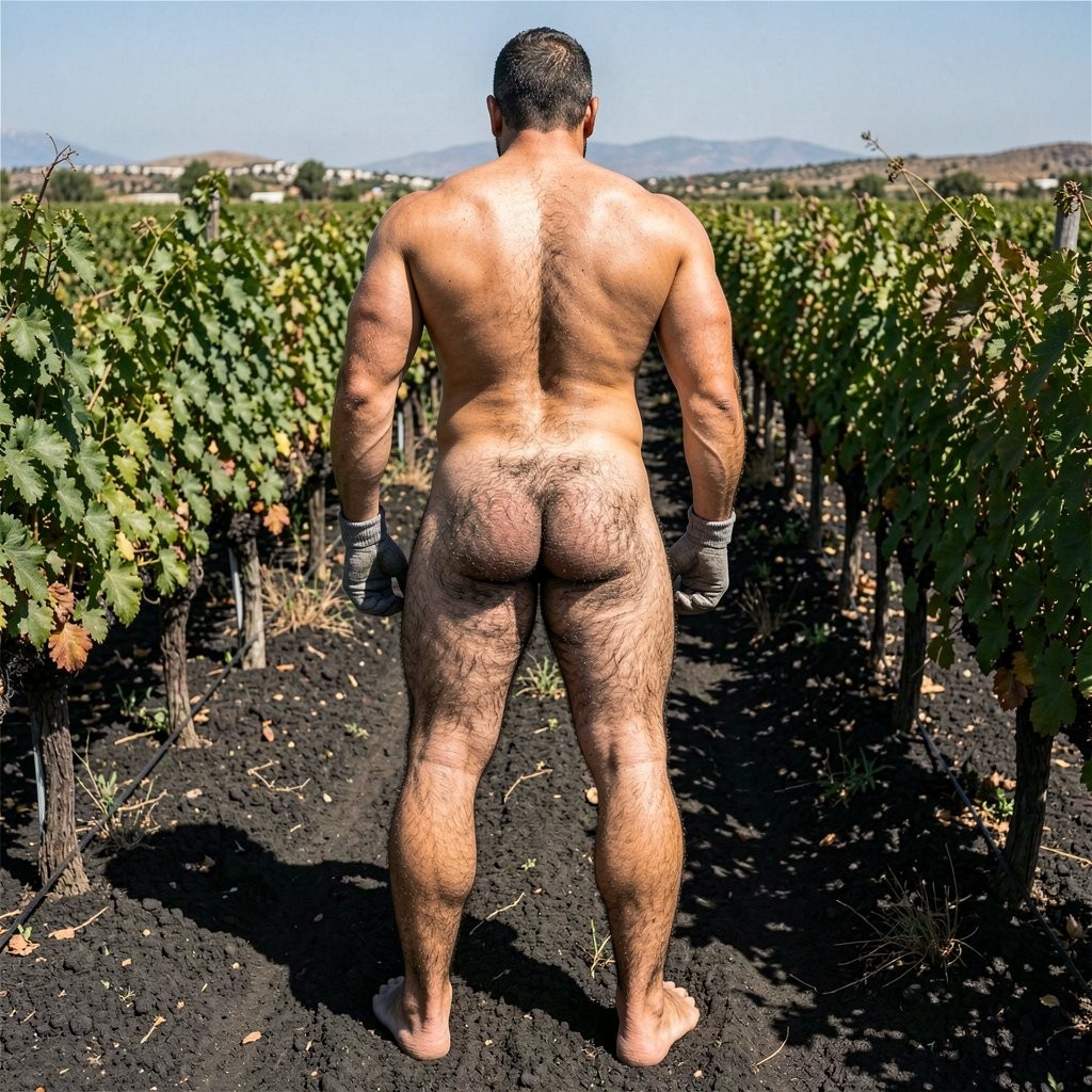 A powerful full-body rear view photograph of Dimitris standing completely still with his back to the camera, captured from the very top of his head all the way down to the tips of his ten toes with zero cropping. He is fully naked except for his thick grey work gloves. His massive back is wide and thick with huge lats, powerful traps and a deep valley of black curly hair running down the spine. Round, hard, muscular glutes covered in dense black hair, the cleft slightly open so the dark hairy anus is clearly visible between the cheeks, but absolutely no penis and no testicles are visible from this angle, nothing hanging or protruding between the glutes whatsoever. Thick powerful legs with developed hamstrings and calves covered in black hair, large strong bare feet planted on the dark volcanic soil of the Santorini vineyard, every single toe visible. Bright Mediterranean sunlight hits his sweaty bronzed skin, creating sharp realistic highlights on his shoulders and back while casting natural shadows that define every muscle. Green Assyrtiko vines and black earth surround him. Ultra photorealistic, extremely detailed, raw masculine power, natural cinematic lighting, strict rear full-body shot from crown to toes with no penis or testicles showing between the buttocks.