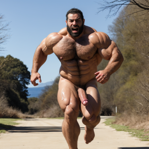 Hombre totalmente desnudo musculoso con pene grande, está corriendo junto a otro hombre totalmente desnudo con pene grande tieso y testículos grandes peludos. 