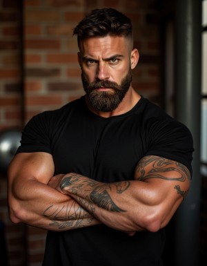 Hombre masculino de 35 años, complexión atlética y musculosa, brazos marcados con venas visibles, pecho definido cubierto por vello oscuro, barba corta bien recortada, mirada intensa y dominante, pose de poder con los brazos cruzados, tatuajes tribales en los antebrazos, piel bronceada, mandíbula marcada, ceño ligeramente fruncido transmitiendo autoridad, fondo urbano industrial con ladrillos y metal, iluminación dramática lateral que resalta la musculatura, expresión seria y cabrona, camiseta ajustada negra que marca el torso, estética masculina y agresiva, fotorrealista, alta definición