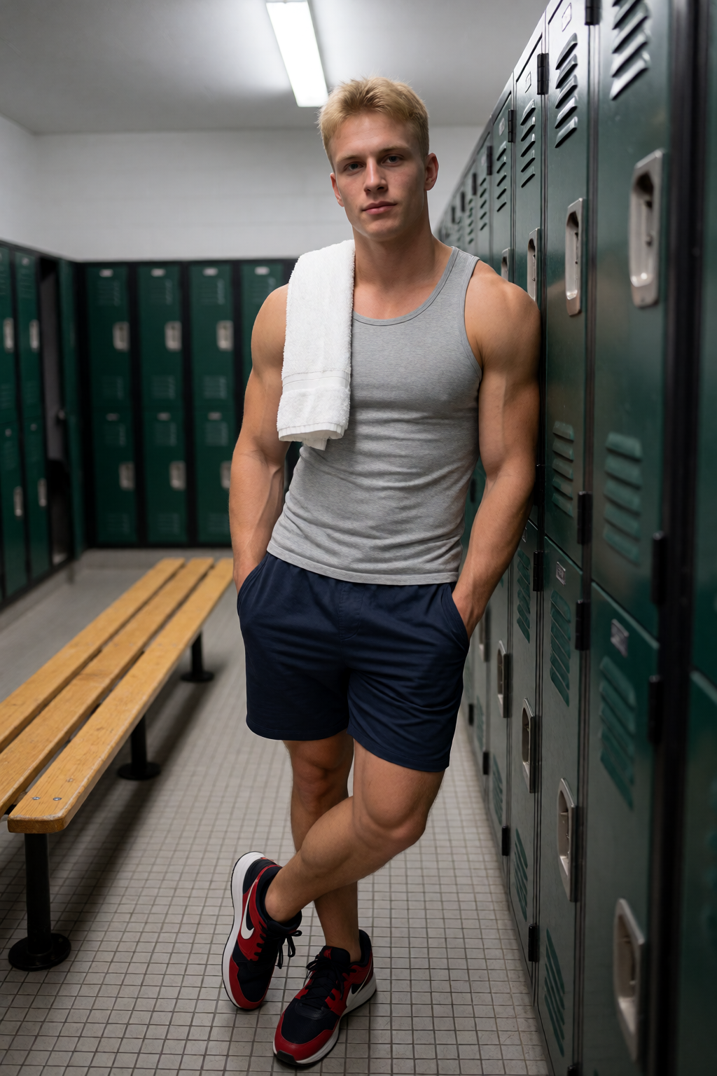 Un hombre joven de complexión atlética posa de pie en un vestuario de gimnasio, apoyado junto a una fila de taquillas metálicas verdes. Lleva una camiseta gris ajustada sin mangas, pantalón corto deportivo azul marino y zapatillas negras, rojas y blancas; una toalla blanca descansa sobre su hombro, reforzando el ambiente de entrenamiento. Tiene el pelo rubio corto, expresión seria y mirada directa a cámara, con las manos en los bolsillos y una pierna cruzada sobre la otra. Al fondo aparecen más taquillas, un banco largo de madera, suelo de baldosas y luz fluorescente de vestuario.