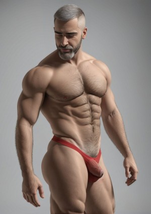 Dibujo realista. Hombre musculoso de 50 años con cabello cano, lleva un tanga rojo tan ajustado que se marca su gran pene. Fondo minimalista. 