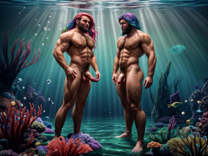 Foto hiperrealista en 8k. Cinco hermosos hombres sirenas musculosos de pie muy velludos con cabello colorido y pene grande y testículos grandes . Expresan amor. Se miran fijamente a los ojos con vicio sexual. Nadan en un bosque submarino de algas marinas, con el cabello flotando ingrávidamente detrás de él, mientras la luz del sol de la superficie se filtra y salpica el entorno.