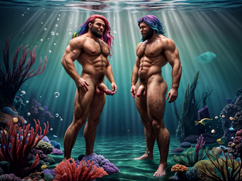 Foto hiperrealista en 8k. Cinco hermosos hombres sirenas musculosos de pie muy velludos con cabello colorido y pene grande y testículos grandes . Expresan amor. Se miran fijamente a los ojos con vicio sexual. Nadan en un bosque submarino de algas marinas, con el cabello flotando ingrávidamente detrás de él, mientras la luz del sol de la superficie se filtra y salpica el entorno.
