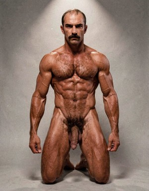 Hombre desnudo de complexión extremadamente musculosa arrodillado sobre un suelo de estudio gris, iluminado desde arriba por un foco que resalta el torso definido, los pectorales velludos, los abdominales marcados y los brazos vascularizados. Mantiene una postura frontal, rígida y simétrica, con los puños relajados junto a los muslos, expresión seria, bigote oscuro y pelo corto con entradas. La zona púbica aparece cubierta de vello abundante, con el pene y los testículos visibles entre las piernas. El fondo neutro y la luz cenital enfatizan la anatomía, la musculatura, la piel brillante y el aspecto de retrato físico o culturismo artístico.