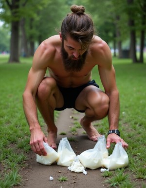 Guarreo. Hombre barbudo desnudo a cuatro patas en el suelo de un parque, recoge preservativos llenos de semen de una zona del aparcamiento donde por la noche paran las parejas hetero para follar, él los vacía y mete todo el semen en bolsas de plástico muy pequeñas con intención de disfrutar del néctar. 