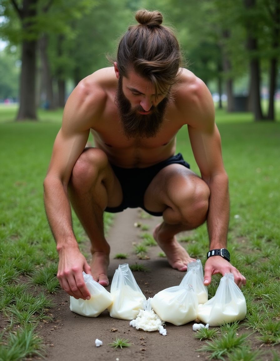 Shirtless man crouching on a narrow dirt path in a green park, with his hair tied up in a high bun, a thick beard, and black shorts, focused as he handles several transparent plastic bags filled with a white liquid, possibly milk, some spilled on the ground. He is barefoot, with one knee bent and his hands near the bags, wearing a black sports watch on his wrist. Around him there is grass, small shrubs, and a row of blurred trees in the background, creating an outdoor scene with soft natural light, with the look of training, an improvised experiment, or a strange situation in the middle of a landscaped area.