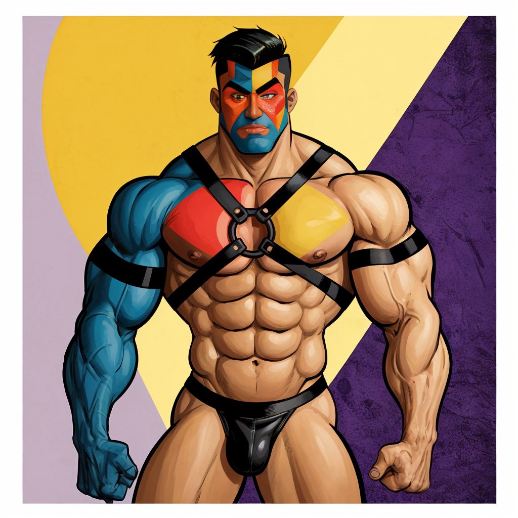 Hombre musculoso con arnés de cuero, estilo cubista, fragmentado en formas geométricas, colores vibrantes, sombras profundas, texturas rugosas, anatomía distorsionada, fondo abstracto.