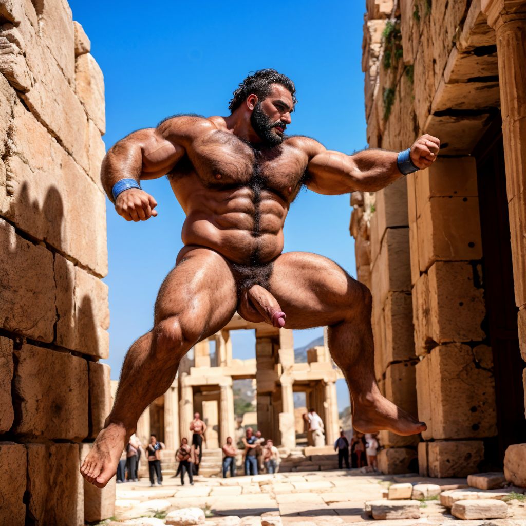 Harmodio y Aristogitón están desnudos. Tienen grandes testículos muy velludos. Luchan contra Hipias e Hiparco en Atenas. Luchan y saltan para dar puñetazos en el abdomen. Golpean con sus grandes penes. Son musculosos y bronceados. Tienen mucho vello por todo el cuerpo.