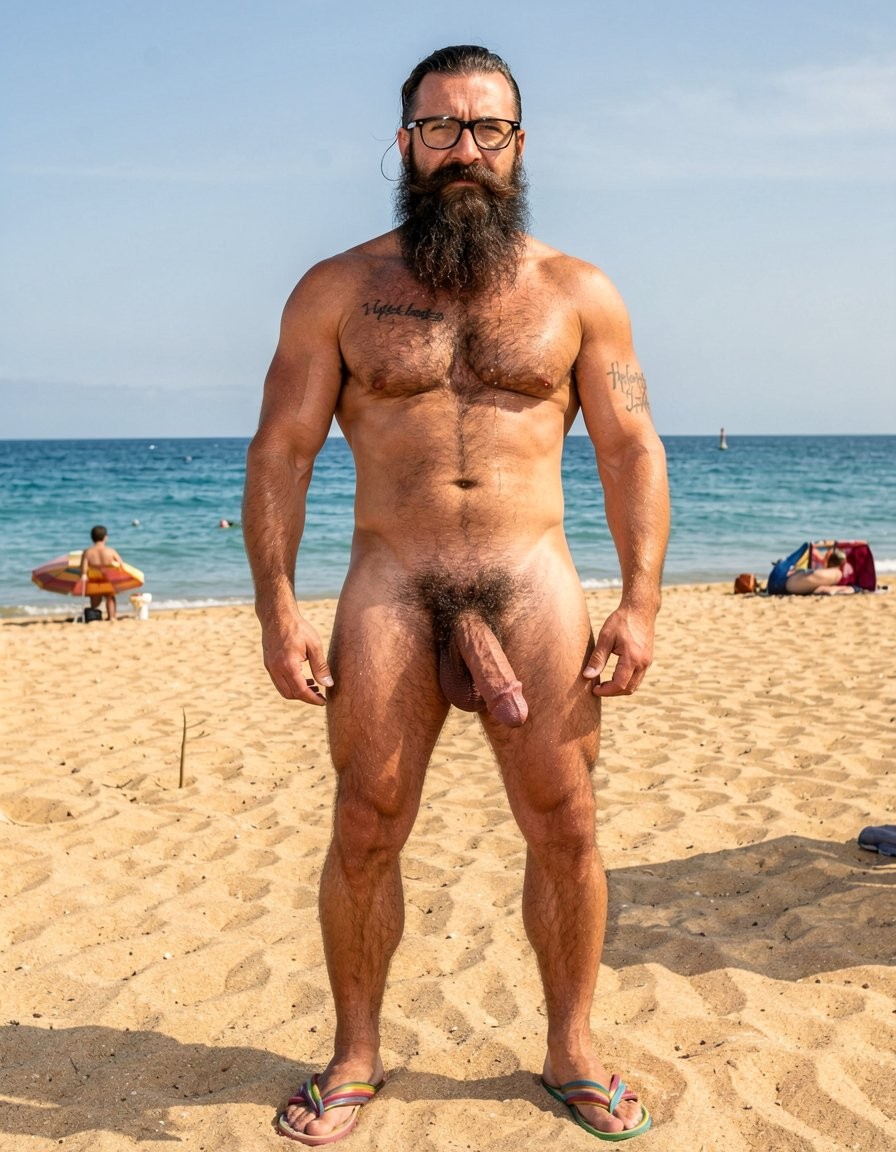 Hombre desnudo de pie sobre la arena de una playa soleada, mirando directamente a la cámara con expresión seria, gafas negras y una barba larga y poblada; lleva el pelo recogido hacia atrás y luce un cuerpo musculoso y muy velludo, con tatuajes visibles en el pecho y el brazo. Su pene cuelga de forma natural mientras permanece frontalmente erguido, calzado con chanclas de colores. Al fondo se ve el mar azul, el horizonte despejado, algunas personas tomando el sol y bañistas dispersos sobre la arena, creando un ambiente de playa mediterránea, verano, desnudez masculina, cuerpo atlético, vello corporal, sol y costa.