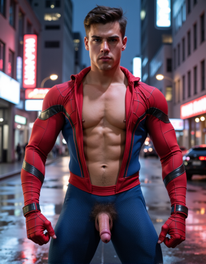 Un hombre de 22 años con un físico musculoso y atlético, vistiendo un traje de Spiderman rojo y azul, pero con la cara descubierta y sin máscara, mostrando una expresión valiente y confiada. El traje de Spiderman está ajustado a su cuerpo, resaltando sus músculos definidos, y el capullo rojo y azul cubre sus hombros y torso. Sin embargo, el traje está parcialmente desgarrado o abierto, dejando al descubierto su pene erecto y prominente, con un glande rosado y una base gruesa, mientras que sus testículos están visibles y bien definidos. La pose del hombre es poderosa y segura, con los brazos en jarras y las piernas ligeramente separadas, destacando su masculinidad y fuerza. El fondo es un paisaje urbano oscuro y dramático, con edificios altos y luces de neón reflejadas en el suelo mojado, lo que realza la sensación de heroísmo y aventura. La imagen es hiperrealista, con detalles precisos y texturas realistas, y se centra en la figura musculosa y sensual del hombre, con su pene visible y su rostro valiente y decidido.
