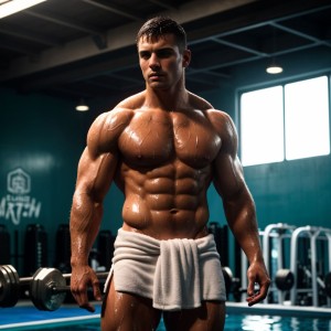 Hombre musculoso de 28 años, jugador de fútbol, cubierto de gotas de agua, parado en un gimnasio, físico atlético, torso desnudo, toalla húmeda en la cintura, piel brillante, sombras dramáticas, expresión serena y cansada, estilo pop art y graffiti, texturas húmedas, fondo desenfocado, enfoque en la forma poderosa del jugador.