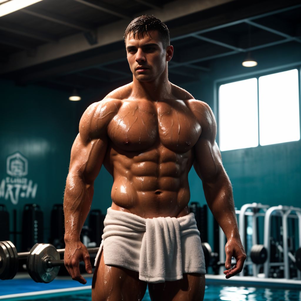 Hombre musculoso de 28 años, jugador de fútbol, cubierto de gotas de agua, parado en un gimnasio, físico atlético, torso desnudo, toalla húmeda en la cintura, piel brillante, sombras dramáticas, expresión serena y cansada, estilo pop art y graffiti, texturas húmedas, fondo desenfocado, enfoque en la forma poderosa del jugador.
