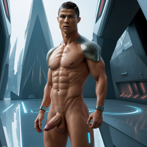 cristiano ronaldo, desnudo con accesorios futuristas , mostrando su gran pene, en ciudad futuristica, de pie ,muy serio