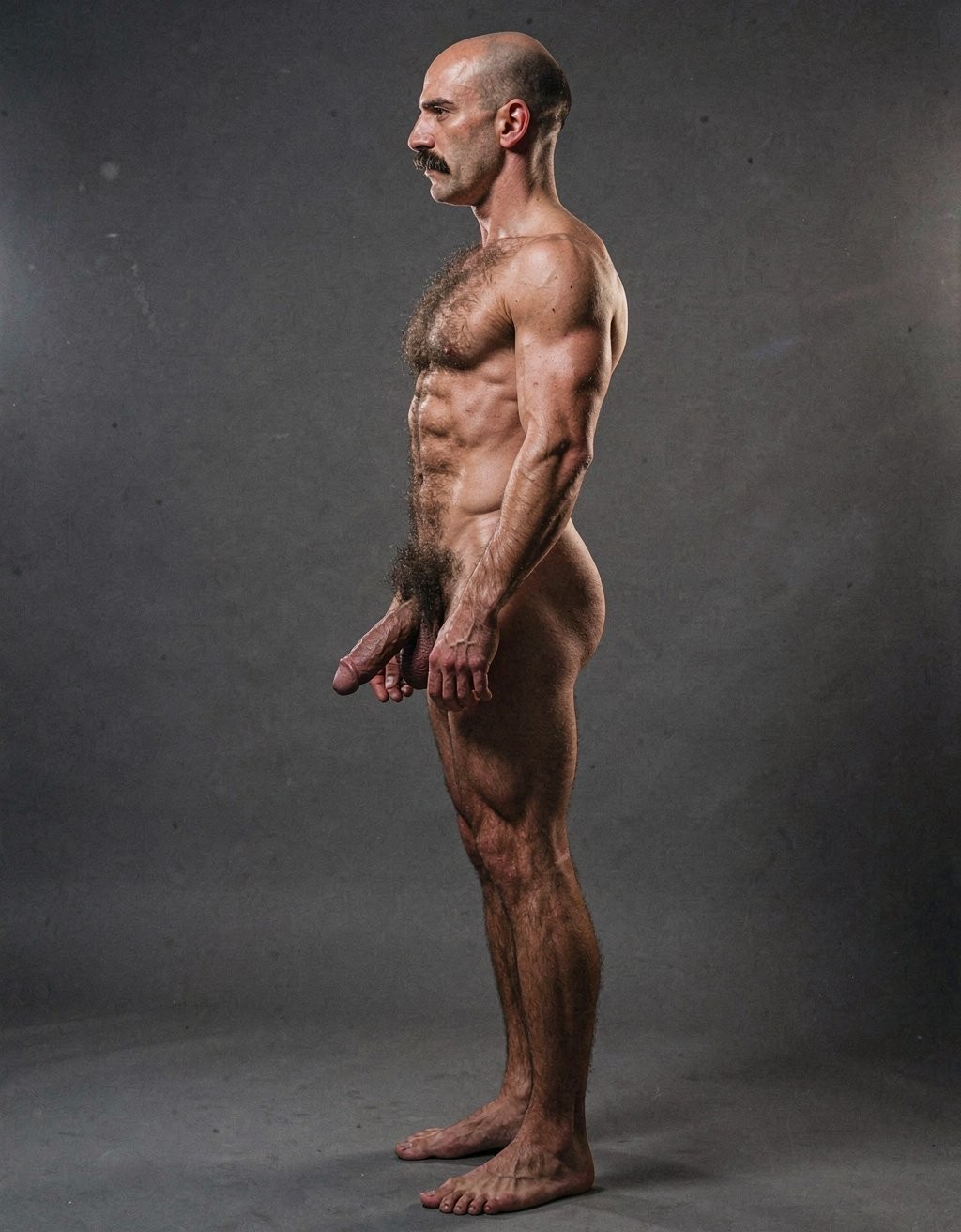 Mike Morris, a 32-year-old extremely lean Caucasian male with only 8% body fat, stands completely naked in a strict military attention pose captured in a full-body exact side profile at 90 degrees from his left side. The shot runs from the tips of his size 44 slightly hairy feet all the way up to the top of his bald head, showing his entire body without any cropping. His physique is dry, highly vascular and powerfully defined: massive square pectorals seen in perfect side silhouette, dense dark brown chest hair forming a thick T-pattern, sharply carved six-pack abs in clear profile, narrow waist, wide lats, powerful thighs and diamond-shaped calves. Dramatic directional studio lighting comes from high and slightly in front of him, creating strong rim lighting that traces the sharp outline of his entire body, the texture of his dense dark body hair on chest, lower back, ass and legs, and deep shadows that accentuate every muscle separation, vein and the extreme dryness of his 8% body fat physique. His advanced Norwood III-IV bald scalp shines under the light, with short dense dark brown hair on the sides and back of his head. His square angular face is shown in pure profile: strong jawline, prominent chin with slight central dimple, thick dark handlebar mustache, heavy brow and intense deep-set brown eye looking straight forward with a serious, commanding expression. His penis is fully visible in perfect side view, completely natural and realistic: thick, 24 cm long when fully erect, with a natural slight upward curve, prominent dorsal veins, long foreskin partially covering the pink-red glans, and realistic lighter skin tone. Below it hang his large, low-hanging testicles with wrinkled darker skin and dense dark brown hair. The extremely thick, curly dark brown pubic bush climbs almost to his navel and surrounds the base of his cock and balls generously. Every anatomical detail from his veined hands and forearms to his muscular ass, hamstrings, diamond calves and hairy toes is perfectly proportioned and free of any deformation. Photorealistic, high-contrast, masculine 1970s Colt Studio aesthetic with subtle grainy film texture.
