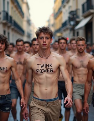 Por las calles de madrid un numeroso grupo de hombres twinks de 19 a 22 años, todos sin camiseta, llevan carteles donde pone 
