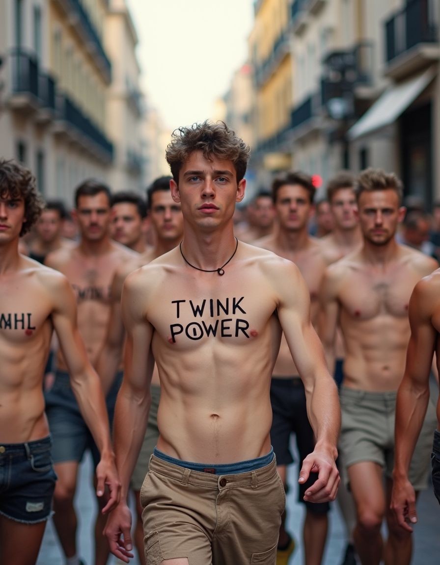 A large group of young men walks down a narrow urban street, with buildings and balconies blurred in the background, like a march or demonstration. In the foreground stands out a slim shirtless boy, with his torso exposed and the phrase “TWINK POWER” written in black across his chest, accompanied by a small red dot; he wears beige shorts, a thin necklace, and has a serious expression while looking straight ahead. Around him, other shirtless men also advance, some with defined abs, jeans or shorts, creating a scene of body affirmation, youthful pride, and street aesthetics with the atmosphere of a collective parade.