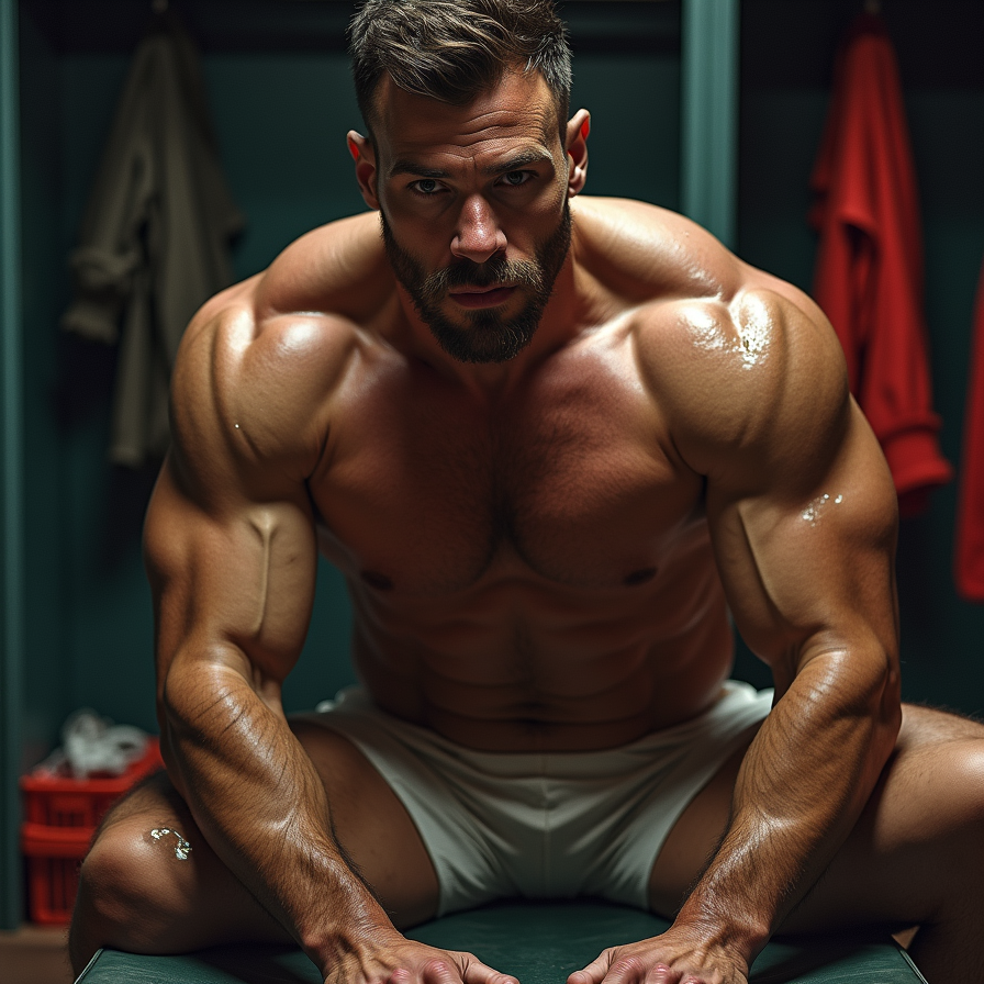 Un hombre muy musculado y sudoroso aparece sentado en un banco de vestuario, inclinado hacia delante con las piernas abiertas y las manos apoyadas entre los muslos, transmitiendo intensidad y cansancio tras un entrenamiento. Lleva pantalón corto blanco y el torso desnudo, con pectorales, abdominales, hombros y brazos extremadamente definidos bajo una iluminación dramática que resalta el brillo de la piel y las venas marcadas. Su expresión seria, barba recortada y pelo corto refuerzan una estética de culturismo, gimnasio y fuerza física. Al fondo se distinguen taquillas oscuras, ropa colgada y una caja roja, creando un ambiente íntimo de vestuario deportivo.