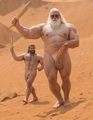 Enrique es un hombre muy delgado de 50 años, tiene cabello largo con canas blancas, tiene barba blanca abundante y larga. Está totalmente desnudo, en sus manos lleva una espada de oro alzada hacia el cielo. Tiene un cuerpo muy delgado con músculos marcados y definidos. 💪🏼. Tiene un pene erecto de 36,8 cm de longitud y 7,9 cm de diámetro. Tiene mucho vello corporal blanco que cubre su pecho brazos y piernas. Está en la arena del desierto entre grandes dunas de arena color terracota.

Federico es un hombre delgado de 32 años con una barba rubia oscura abundante , está totalmente desnudo, tiene un cuerpo atlético y vigoroso, tiene mucho vello corporal rubio oscuro que cubre su pecho y también sus brazos y sus piernas, tiene una barba muy poblada de pelo rubio oscuro. Federico está en la arena del desierto. Tiene un pene erecto de 35,5 cm de longitud y 8,8 cm de diámetro que sobresale por encima de sus testículos que están a la vista y son muy peludos. Penes están erectos y excitados sexualmente. Enrique y Federico tienen sus cuerpos bronceados por el Sol.