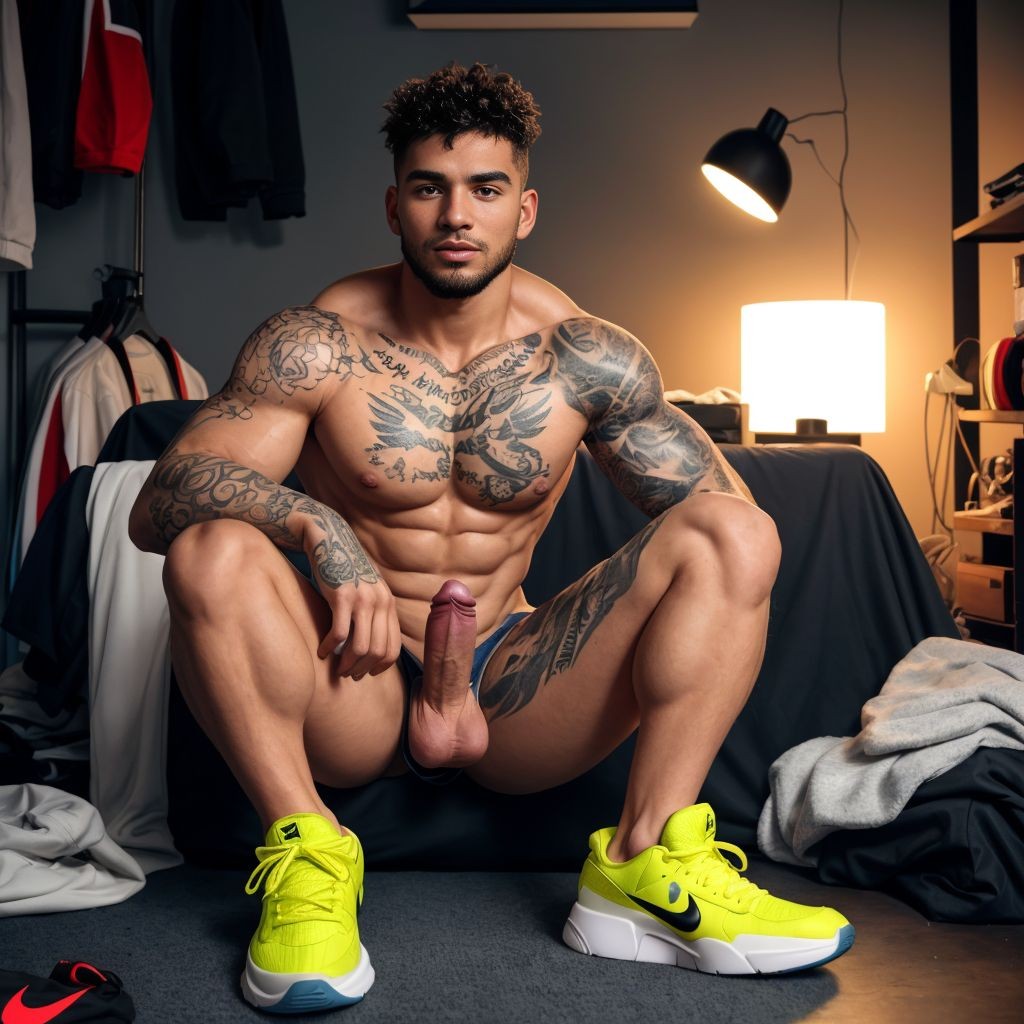21-year-old scally guy, penis visible, wearing Nike sneakers, naked body, visible tattoos, messy hair, cheeky gaze, background of a cluttered room, clothes scattered, dim lighting, relaxed atmosphere, bronzed skin, defined muscles.