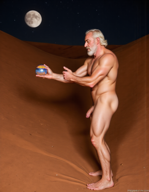 Enrique es un hombre muy delgado de 50 años, tiene cabello largo con canas blancas, tiene barba blanca abundante y larga. Está totalmente desnudo, en su mano derecha lleva una bola de 10 cm de diámetro de cristal, es mágica y está iluminada reflejando un pene erecto con dos testículos peludos, eleva la bola hacia el cielo ofreciéndola a la Luna. Enrique tiene un cuerpo muy delgado con músculos marcados y definidos. 💪🏼. Tiene un pene erecto de 36,8 cm de longitud y 7,9 cm de diámetro. Tiene mucho vello corporal blanco en su pecho, tiene mucho vello en sus brazos y tiene mucho vello en sus piernas. Está en la arena del desierto entre grandes dunas de arena color terracota. Tiene la piel morena bronceada por el Sol. Tiene sandalias en sus pies. Está mirando a la Luna mientras levanta la palma de la mano derecha señalando la Luna 🌓 . Tiene la boca entreabierta. Tiene la mano derecha sobre su pene y está masturbándose 