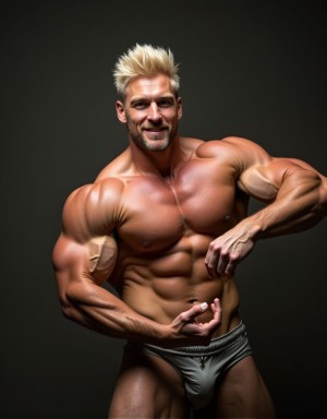  un hombre rubio súper musculoso siendo movido como un titere 