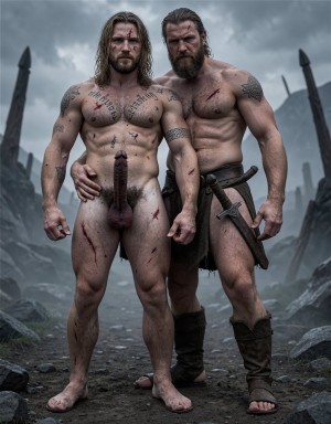Two muscular, bloodied warriors pose facing forward in a dark, rocky landscape, under a gray stormy sky, with stakes or spears in the background that reinforce an atmosphere of Norse battle or epic fantasy. The man on the left is completely naked, with his penis visible, his body covered in tattoos, cuts, bloodstains, and mud; he has long hair and a hard, defiant expression. The man on the right, also wounded and tattooed, wears a leather skirt or loincloth, rustic boots, and carries a sword at his belt, with one hand resting on his companion’s waist. The scene conveys brutality, warrior camaraderie, physical strength, and a grim atmosphere of survival after combat.