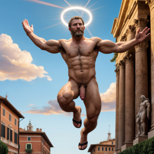 En el año 49 a.C., Julio César desnudo con penen grande. Está por las calles de la ciudad de Roma. Julio César desnudo, con pene grande, camina por las calles de Roma, mientras Cneo Pompeyo Magno, bronceado y con testículos peludos, muestra su bíceps derecho con orgullo, rezando al cielo con un aro luminoso y alas blancas azuladas, destacando sus genitales velludos, sandalias, monedas esparcidas, arañas y geranios. Salta hacia arriba subiendo al cielo despidiéndose de todos. Es extremadamente atractivo. Está volando entre nubes
