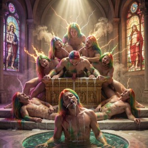 Un grupo de hombres desnudos con pelo largo teñido en tonos arcoíris ocupa el interior de una iglesia gótica, rodeado de vidrieras religiosas con figuras de Cristo, columnas de piedra, humo, rayos y una luz celestial que cae desde el techo. La escena tiene un tono surrealista y provocador, con cuerpos musculosos colocados alrededor de un altar tallado y una pila circular de agua verde en primer plano. Varios rostros muestran gestos de éxtasis o agotamiento, mientras chorros blancos semejantes a semen cubren pechos, abdómenes, bocas y el borde del altar. La composición mezcla iconografía cristiana, desnudez masculina, ambiente ritual, colores psicodélicos y una estética fantástica cargada de dramatismo visual.