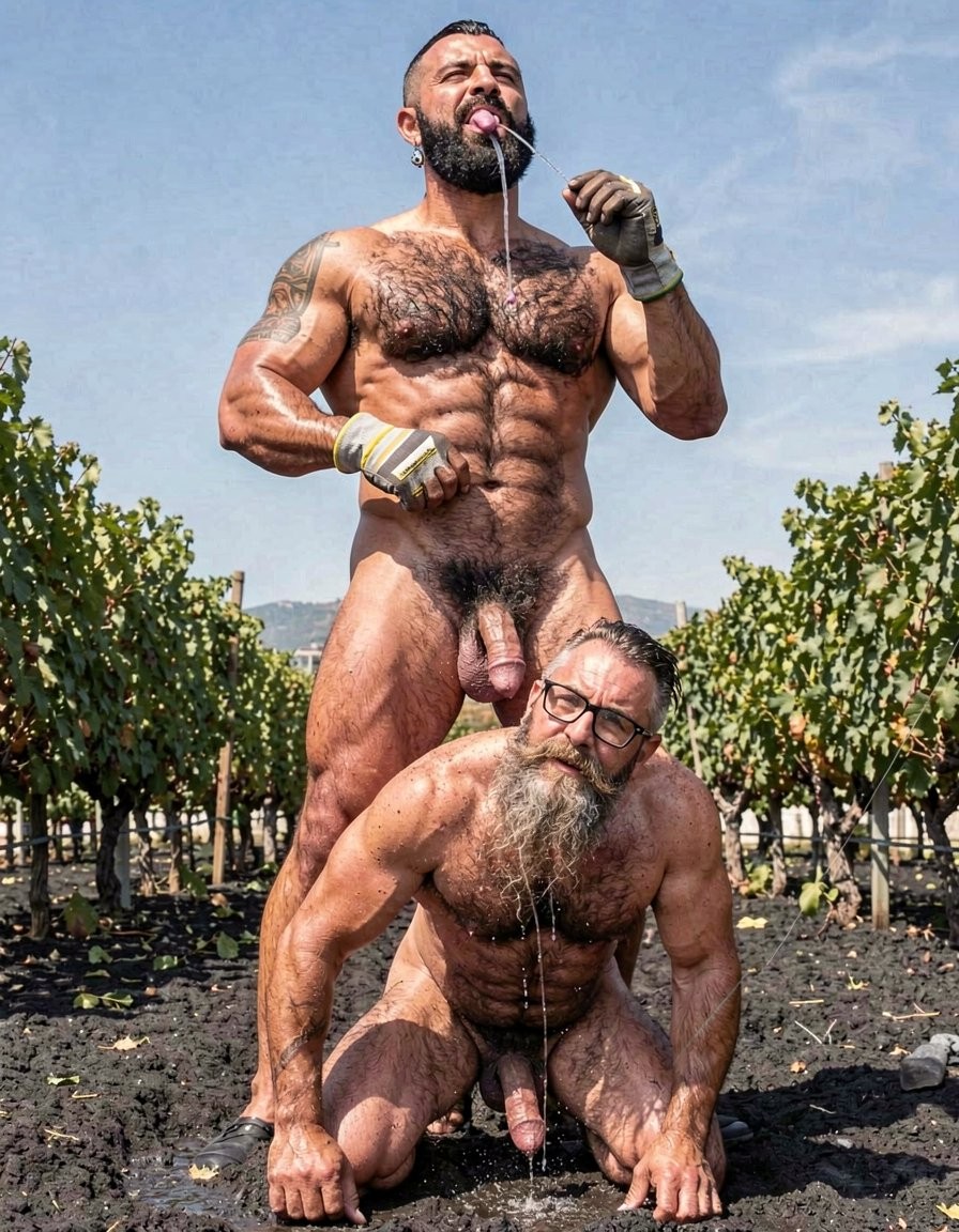 Dos hombres desnudos y musculosos posan en un viñedo al aire libre, entre hileras de vides y tierra oscura, bajo un cielo despejado. El hombre de pie, con barba, tatuajes, guantes de trabajo y una complexión muy marcada, aparece con el pene visible mientras orina hacia abajo, con el chorro cayendo sobre la cabeza y la barba del otro hombre. El segundo hombre, también desnudo, barbudo y con gafas, está arrodillado en el suelo con las manos apoyadas en la tierra, recibiendo el líquido sobre el rostro y el torso. La escena combina desnudez explícita, ambiente rural, cuerpos velludos, estética de fuerza física y una composición frontal de carácter provocador.