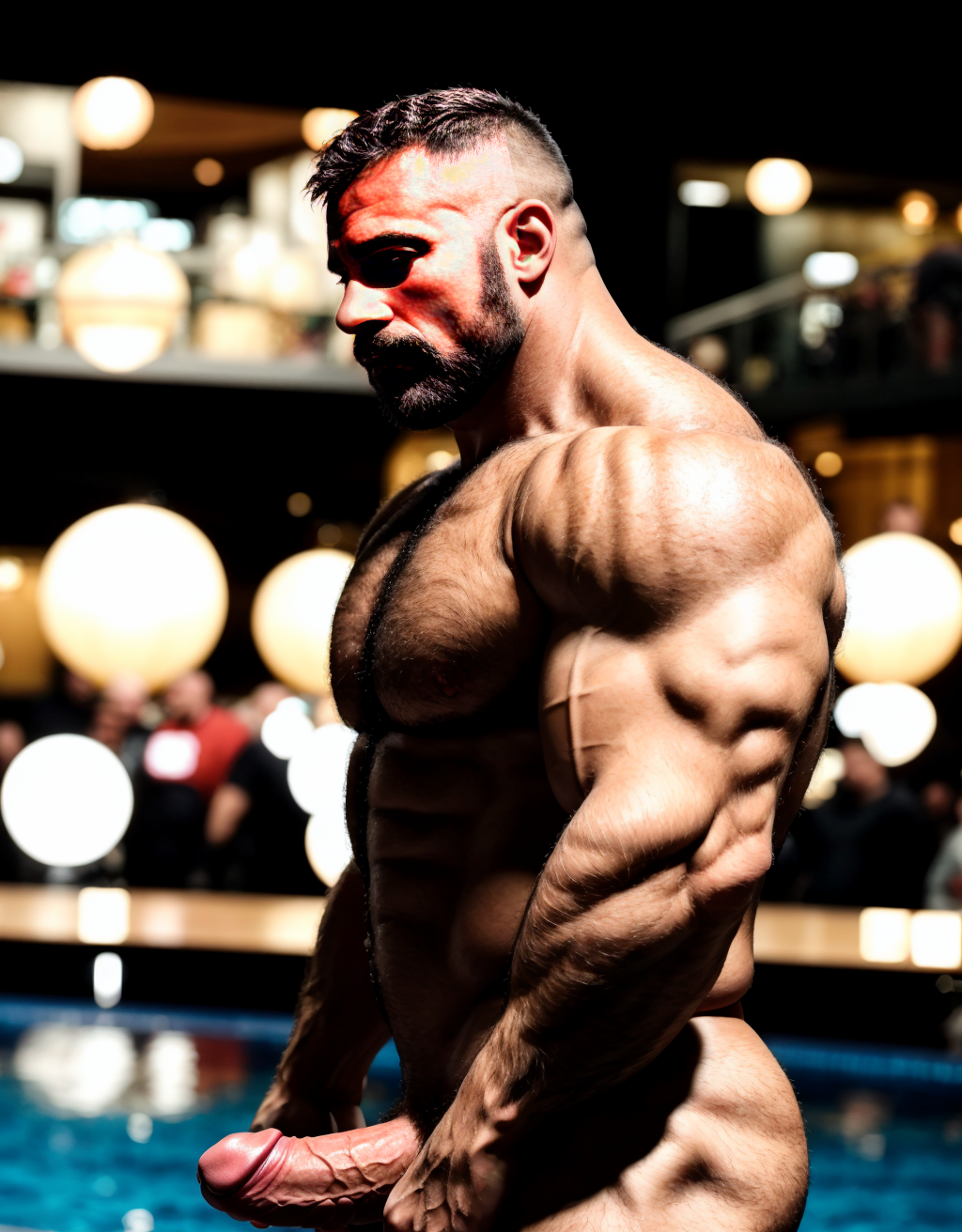 Hombre musculoso. Está masturbando el pene. Tiene mucho vello. Tiene 40 años de edad. Está de perfil