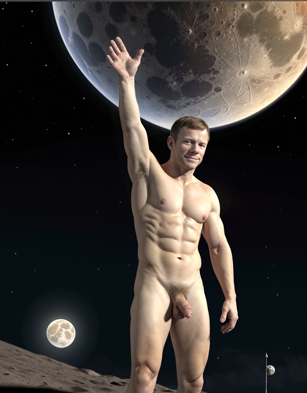 Neil Armstrong desnudo totalmente desnudo. Tiene el pecho con vello y brazos con vello. Está totalmente desnudo de pie y pisando el suelo Lunar. Está totalmente desnudo musculoso. Tiene pene grande erecto. Tiene testículos grandes. Tiene mucho vello y pelo. Foto muy realista texturas 8k. Está de pie en la Luna rodeado de arena y de la nave espacial Apolo11. Está rodeado de hombres totalmente desnudos.