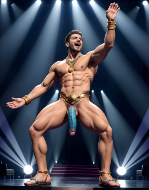 Hermes es el dios de los mensajeros, el comercio, los ladrones, y los viajeros. Tiene sandalias. Tiene un caduceo. Tiene pene grande y largo. Tiene testículos muy grandes. Está acariciando su pene con la mano izquierda. Está cantando en eurovisión con bailarines desnudos y apasionados