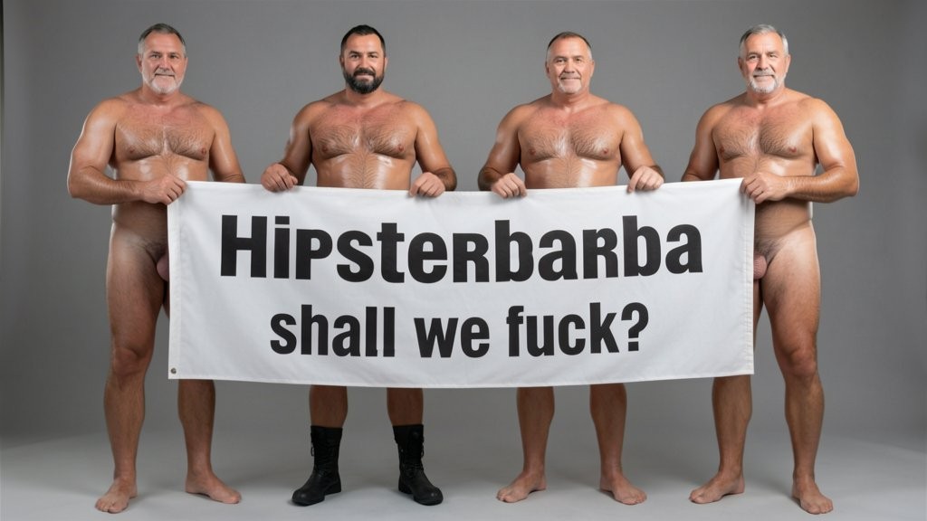 Four naked muscular men holding banner text (Hipsterbarba amor) ultra high quality 8K photorealistic: El Comandante Spanish military leader 45 years short gray hair stern commanding face muscular trained body 185cm 85kg standing far left holding left edge of banner with both hands completely naked massive erect uncircumcised penis 25cm thick veiny shaft visible below banner heavy balls alpha dominant stance, Soldado Bartolo Spanish soldier 35 years thick dark full beard short hair very hairy muscular chest arms legs groin 180cm 80kg standing center-left holding banner completely naked large erect uncircumcised penis 18cm thick visible hairy balls masculine hairy build playful smirk, Superman alien superhero 195cm 100kg perfect bronzed smooth hairless skin short black hair with characteristic curl bright blue eyes massive superhuman muscles standing center-right holding banner completely naked enormous erect penis 23cm steel hard thick shaft visible smooth heavy balls god-like physique confident smile, General Rodolfo Castaños 60 years short gray military hair thick gray mustache experienced muscular body 175cm 75kg standing far right holding right edge of banner completely naked thick erect penis 20cm visible mature heavy balls military bearing knowing expression, all four men standing in horizontal row full body visible head to feet holding between them large white fabric banner at chest level with bold black letters spelling Hipsterbarba ¿follamos? question mark clearly readable professional typography banner stretched tight all four erect penises balls completely visible below banner military office background professional studio lighting 8K photorealistic resolution masterpiece quality inviting expressions.