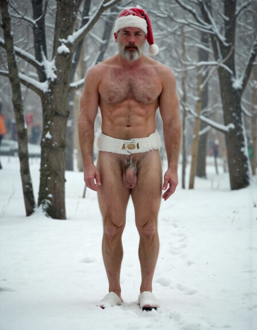 La Navidad. Papá Noel es un hombre de 35 años, atleta, delgado con músculos muy marcados y definidos, está delgado y es muy varonil, tiene barba blanca abundante. Solo tiene el gorro de papá Noel, está totalmente desnudo enseñando su musculatura de atleta y está bronceado, está entre nieve pero no frío, tiene abundante vello blanco que cubre sus músculos pectorales el abdomen y cubre sus piernas. Tiene sandalias blancas en sus pies. Barba abundante blanca de papá Noel. Es el Papá Noel del año 2025, con mucha alegría y mucho sexo gay. Aspecto muy masculino, salvaje. Tiene un pene erecto de 20cm de longitud y 8cm de diámetro. 