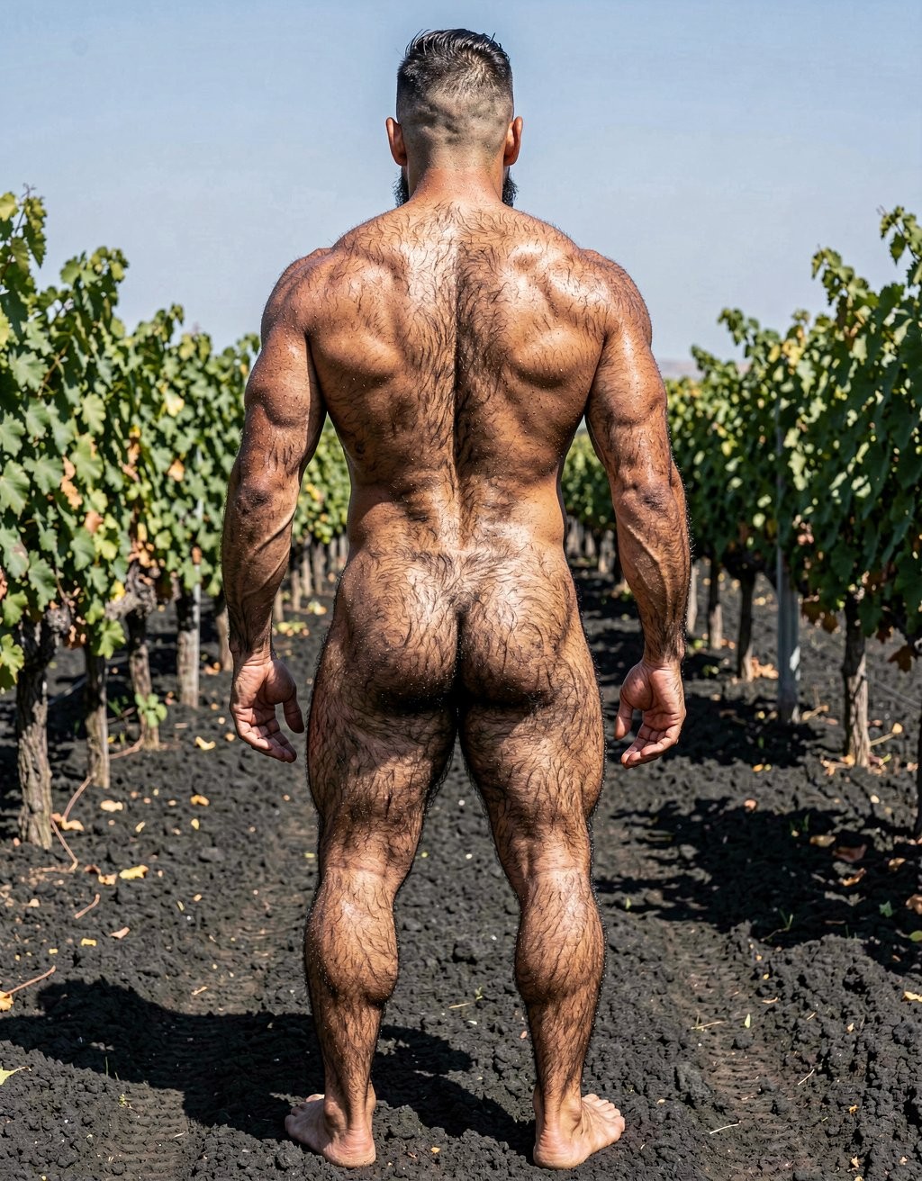 Un hombre desnudo y muy musculado aparece de espaldas, de pie y descalzo entre hileras de viñedos, con los brazos relajados a los lados y una postura firme sobre un terreno oscuro y volcánico. Su espalda ancha, hombros, brazos, glúteos y piernas están muy definidos, cubiertos de abundante vello corporal que recorre la nuca, la columna, las nalgas y las pantorrillas. Lleva el pelo corto con los laterales rapados y mira hacia el fondo del campo, rodeado de parras verdes bajo un cielo despejado, en una escena exterior de desnudo masculino, fuerza física, naturaleza rural y viñedo soleado.