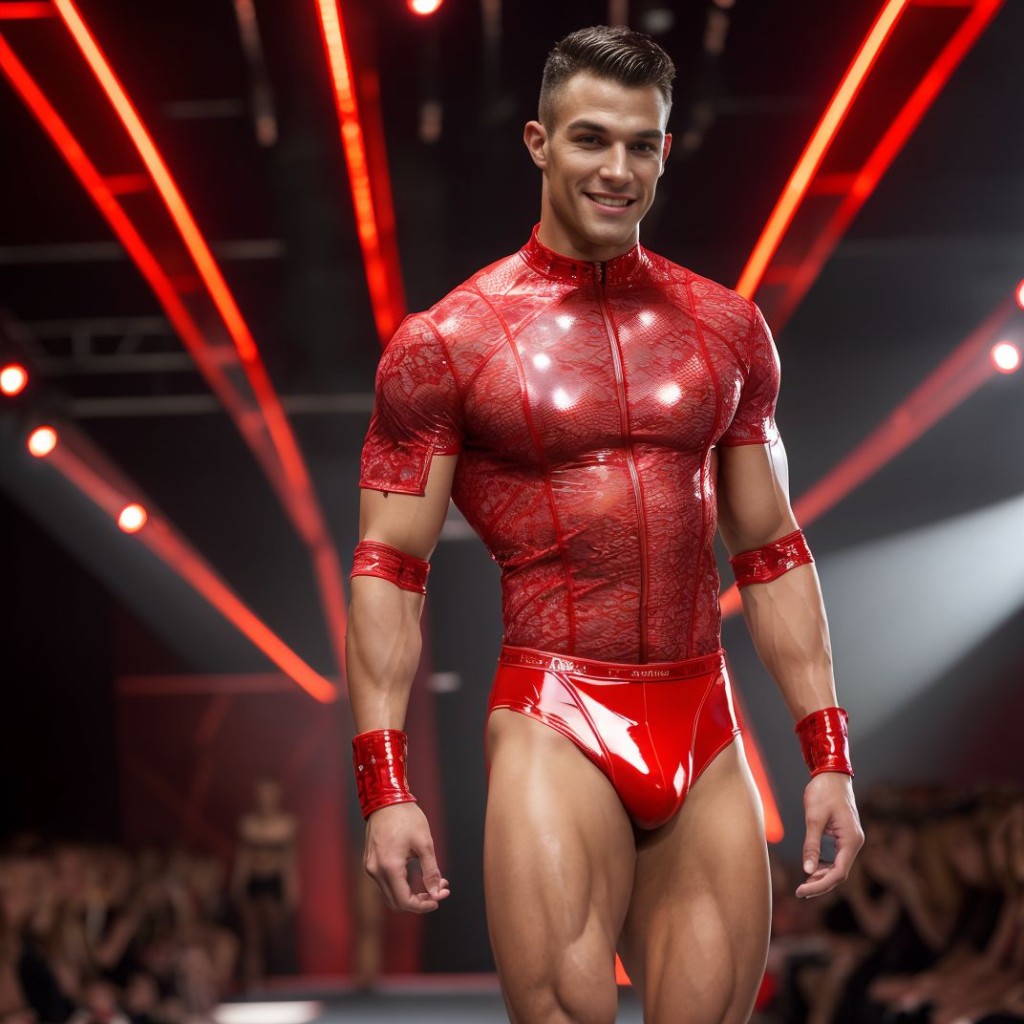 Muscular man on a runway illuminated with powerful spotlights and red neon lines, wearing a tight, shiny red stage outfit that highlights the torso, arms, and legs. He wears a semi-transparent zippered top, very tight vinyl briefs that clearly define the crotch, matching armbands and wristbands, creating an aesthetic of spectacle, futuristic fashion, and performance. His posture is confident and frontal, with a slight smile, while in the background a blurred audience appears on both sides of the runway, adding the atmosphere of a fashion show, nighttime performance, and dramatic stage with intense red lighting.