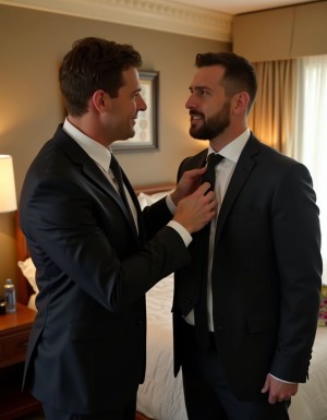 Dos hombres vestidos con traje oscuro comparten un momento cercano en una habitación de hotel elegante, iluminada con luz cálida. Uno de ellos, con camisa blanca y corbata estampada, ajusta con ambas manos el nudo de la corbata negra del otro, que lleva barba recortada y sonríe mientras le mira a los ojos. La escena transmite complicidad, cuidado y preparación antes de un evento formal, quizá una boda, una reunión importante o una celebración. Al fondo aparecen una cama hecha, una mesilla con lámpara encendida, cortinas beige, una botella de agua y una decoración sobria de ambiente íntimo y refinado.