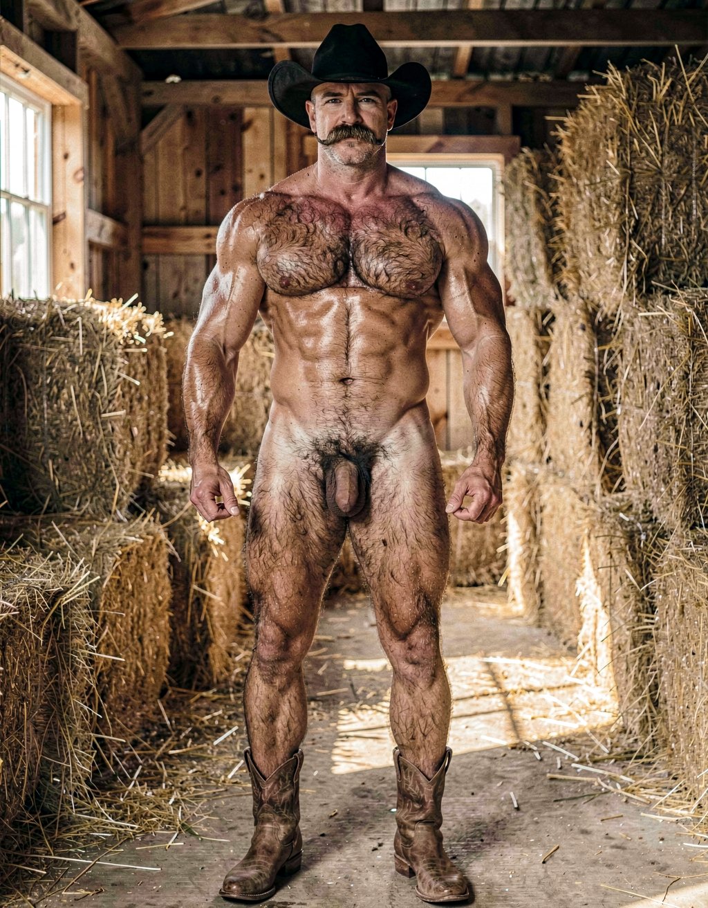 Mike Morris. A powerfully built 32-year-old Mike Morris stands completely naked inside a rustic wooden barn surrounded by stacked hay bales, embodying classic 1970s old-school masculinity with extreme modern definition. He has a square hard masculine face, thick dark eyebrows, intense brown eyes staring with cold authority and distance, a very thick dense handlebar mustache that accentuates his strong jawline, and advanced baldness with only a thin layer of dark brown hair on the sides of his head. His skin is a rich golden-medium brown, heavily tanned and sun-weathered. His broad thick pectorals and entire chest are covered in dense dark brown curly chest hair that spreads heavily across the sternum and around the small brown nipples. His abs show extreme sharp definition with deep cuts and striations under the skin, a thick dark brown happy trail running straight down from his navel. His massive arms and forearms are heavily veined and covered in the same uniform dark brown body hair. His crotch features an extremely dense, almost black-looking dark brown pubic bush that explodes wildly around the base of his thick heavy circumcised cock, creating a sharp contrast with the noticeably lighter pale skin of the shaft and the low-hanging scrotum. His powerful thick thighs and calves are coated in abundant dark brown leg hair from groin to knees. He wears only a black felt cowboy hat and worn brown leather cowboy boots. Warm natural side-lighting from the barn windows hits his sweaty tanned skin, creating strong golden highlights and deep dramatic shadows that accentuate every muscle separation, every curl of his uniform dark brown body hair across chest, arms, abdomen, pubis and legs, and the extreme definition of his physique, in a realistic vintage erotic photograph style with authentic 1970s film grain and color tones.