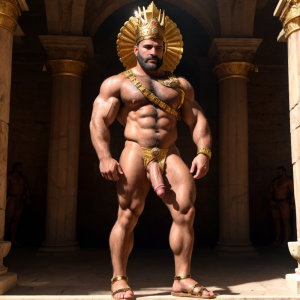 Cneo Pompeyo Magno desnudo con pene grande y testículos grandes peludos, conquista las Galias en el año 49 a.C, es el cónsul del ejercito. Hombre Catón y hombre Cicerón desnudos se acercan a Cneo Pompeyo Magno, están al frente de las legiones del Senado para luchar contra César. Doblan el brazo derecho pa enseñar los bíceps del brazo derecho con gran orgullo. Tiene mucho vello por todo el cuerpo. Está agachado. Está bronceado. Tiene la mano izquierda sobre su pene. Las sandalias están bonitas. Tienen corona de oro en su cabeza..