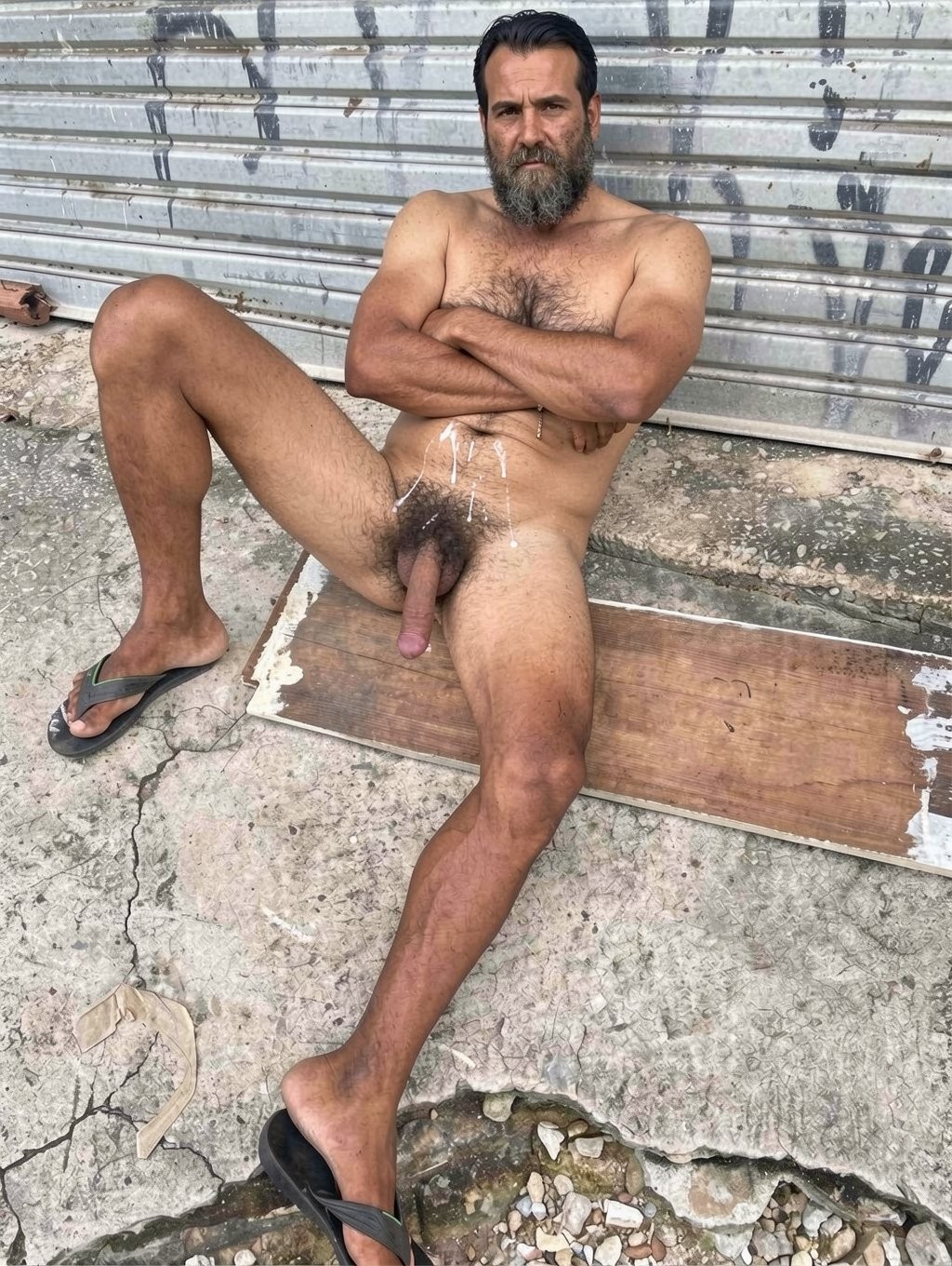 Hombre desnudo sentado en el suelo exterior, apoyado contra una persiana metálica gris con manchas y marcas oscuras, con los brazos cruzados sobre el pecho y una expresión seria mirando hacia la cámara. Tiene barba espesa, pelo oscuro, abundante vello en el torso y el pubis, y el pene visible entre las piernas abiertas. Lleva chanclas negras, una puesta en un pie y la otra parcialmente fuera, sobre un pavimento de cemento agrietado con restos de suciedad, piedras y una tabla de madera deteriorada bajo su cuerpo, en un entorno urbano descuidado y áspero.