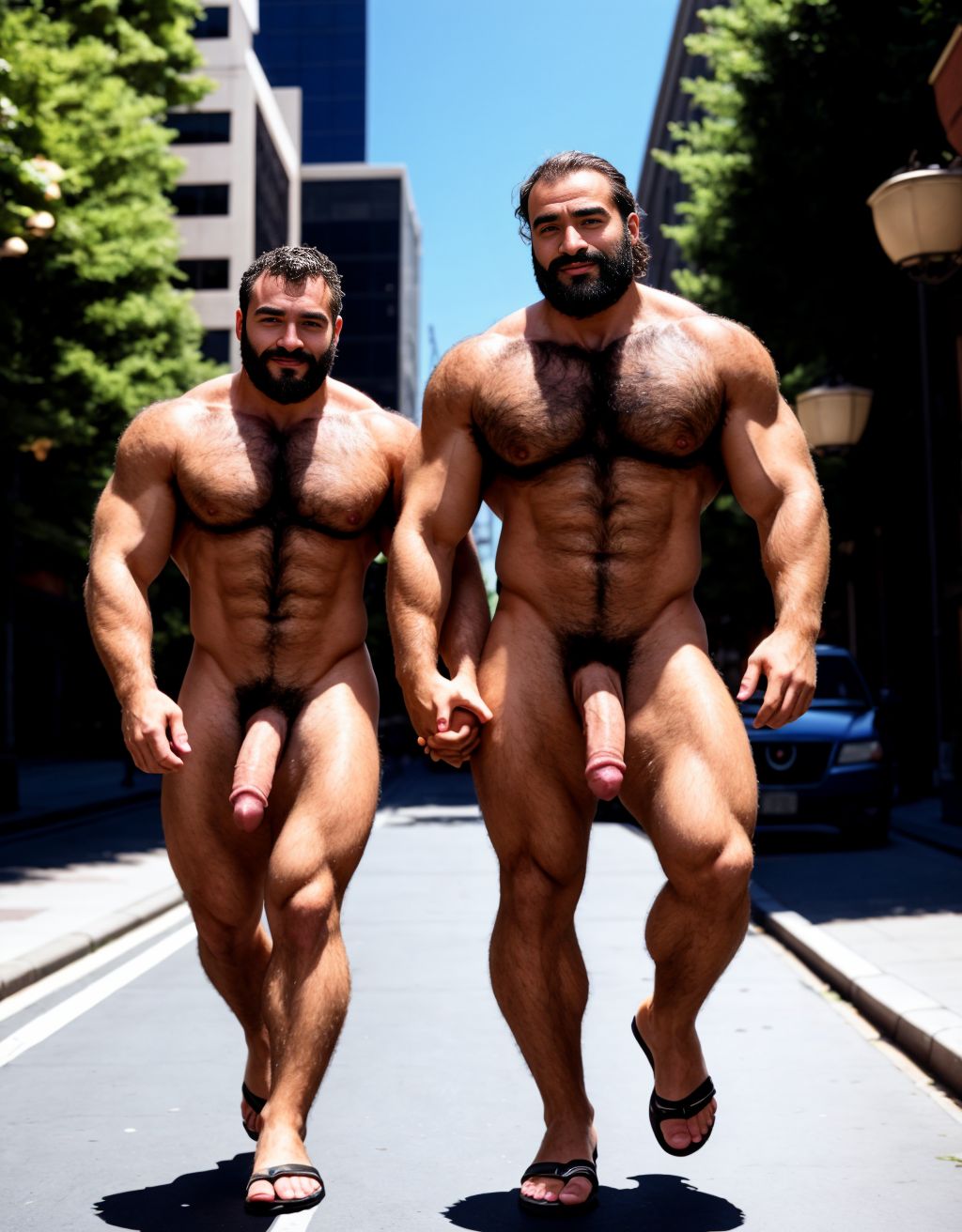 Dos hombres jóvenes desnudos musculosos y fibrosos. Tiene pene grande. Están andando por la calle. Tienen sandalias en los pies. El pene y los testículos se mueven al aire al andar. El enorme pene se dobla hacia el lado al ritmo del andar. Los testículos botan contra los muslos al andar moviéndose hacia afuera. Las manos tocan y acarician su propio pene. Tienen mucho pelo vello en el pecho. Tienen los pelos muy rizados y largos. El pelo es vaporoso y se mueve con el aire hacia adelante. 40